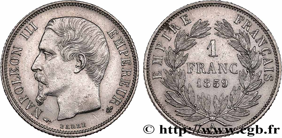 1 franc Napoléon III, tête nue 1859 Paris F.214/12 MBC+ 