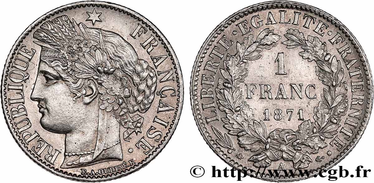 1 franc Cérès, IIIe République, grand A 1871 Paris F.216/1 VZ58 