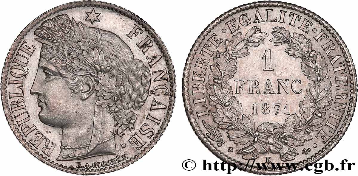 1 franc Cérès, IIIe République 1871 Bordeaux F.216/3 MS63 