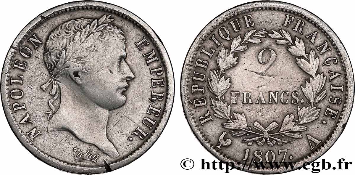 2 francs Napoléon Ier tête laurée, République française 1807 Paris F.254/2 RC+ 