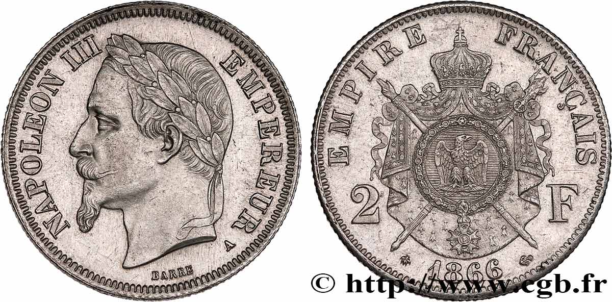 2 francs Napoléon III, tête laurée 1866 Paris F.263/2 SUP+ 