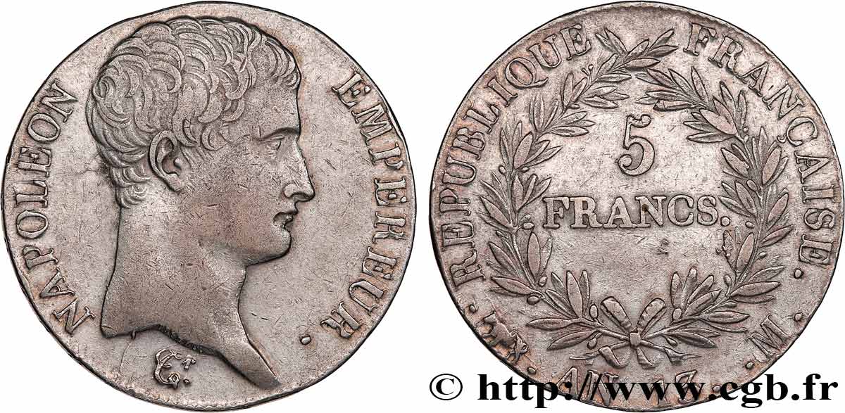 5 francs Napoléon Empereur, Calendrier révolutionnaire 1805 Toulouse F.303/13 XF 