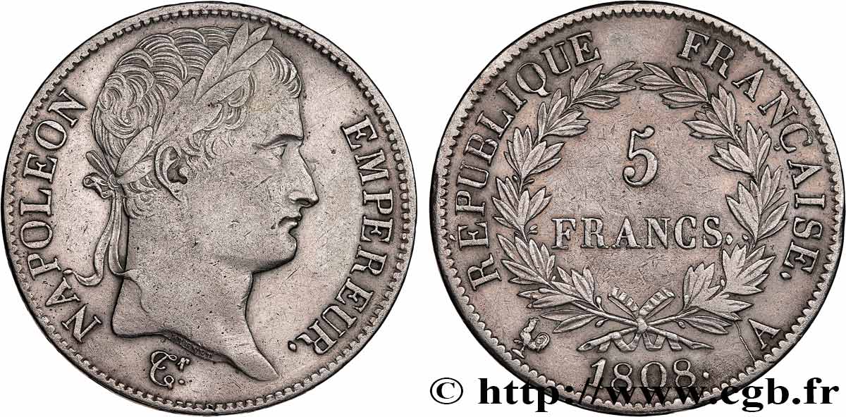 5 francs Napoléon Empereur, République française 1808 Paris F.306/2 TTB 