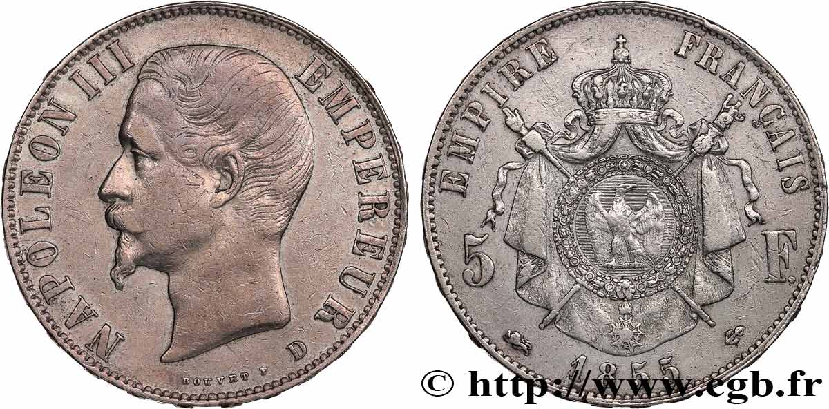 5 francs Napoléon III, tête nue 1855 Lyon F.330/5 MBC 