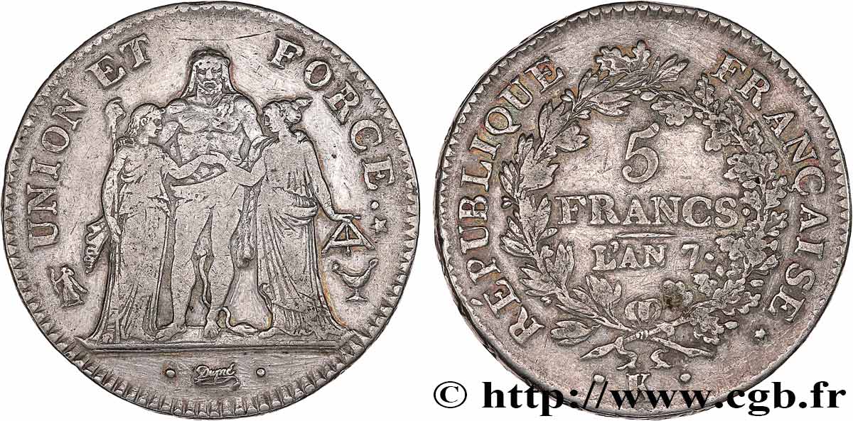 5 francs Union et Force, Union desserré, seulement gland extérieur 1799 Bordeaux F.291/24 S 