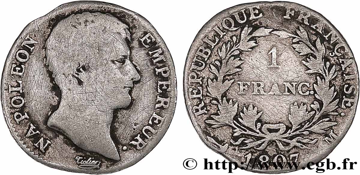 1 franc Napoléon Empereur, Calendrier grégorien 1807 Toulouse F.202/15 VG 