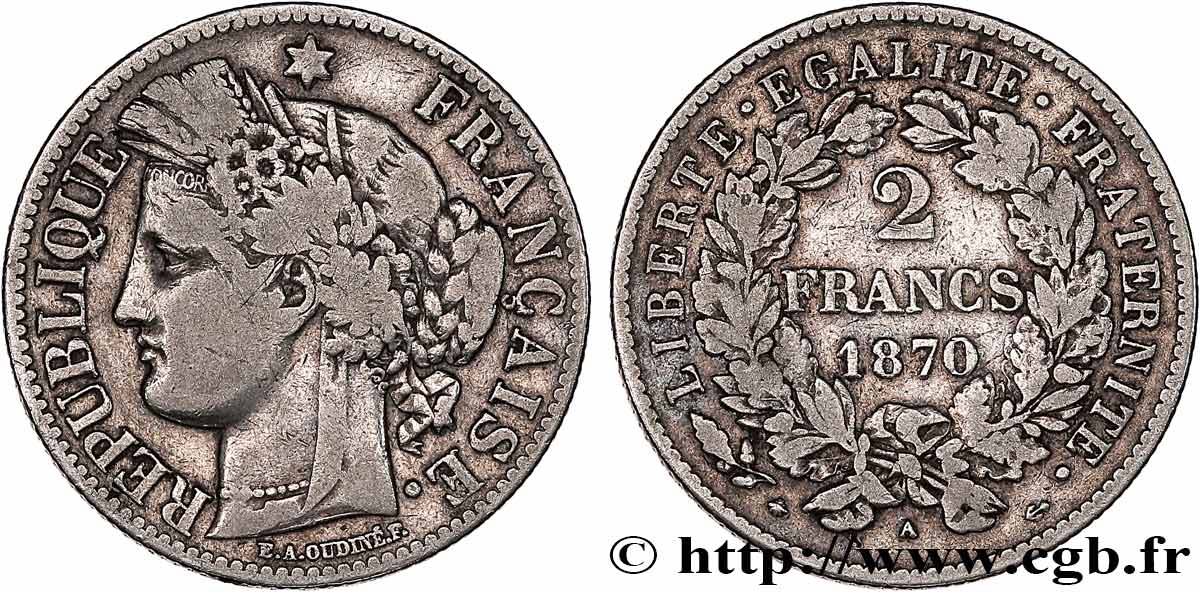 2 francs Cérès, avec légende 1870 Paris F.265/2 TB 