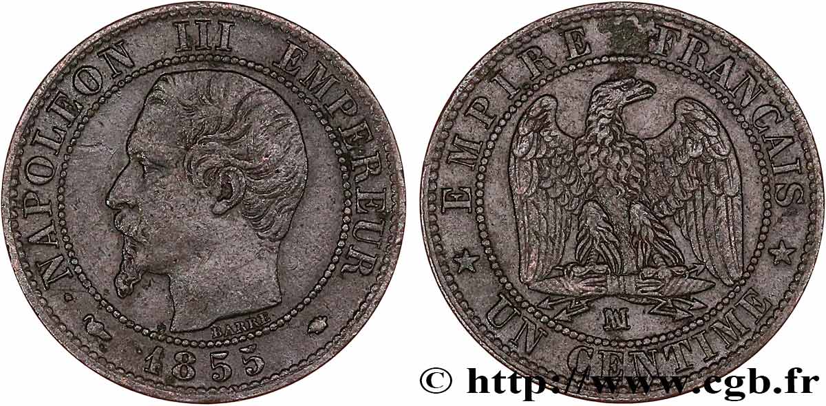 Un centime Napoléon III, tête nue 1855 Marseille F.102/23 VF 