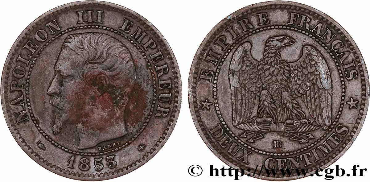 Deux centimes Napoléon III, tête nue 1853 Strasbourg F.107/3 BC 