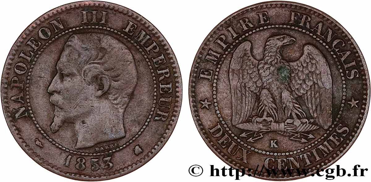 Deux centimes Napoléon III, tête nue 1853 Bordeaux F.107/6 BC 