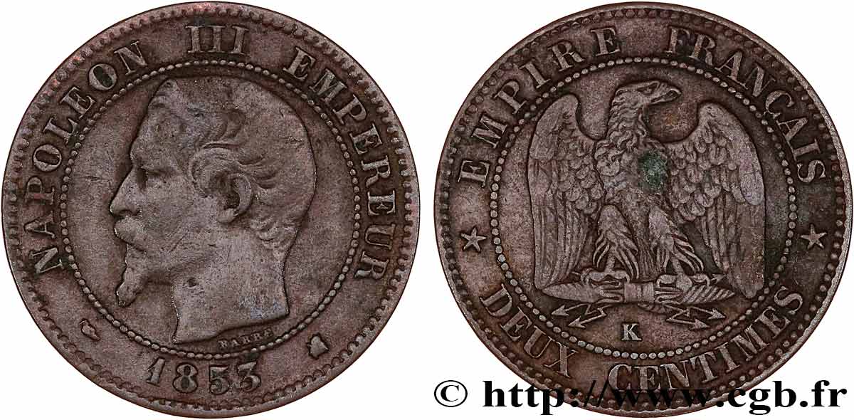 Deux centimes Napoléon III, tête nue 1853 Bordeaux F.107/6 TB 