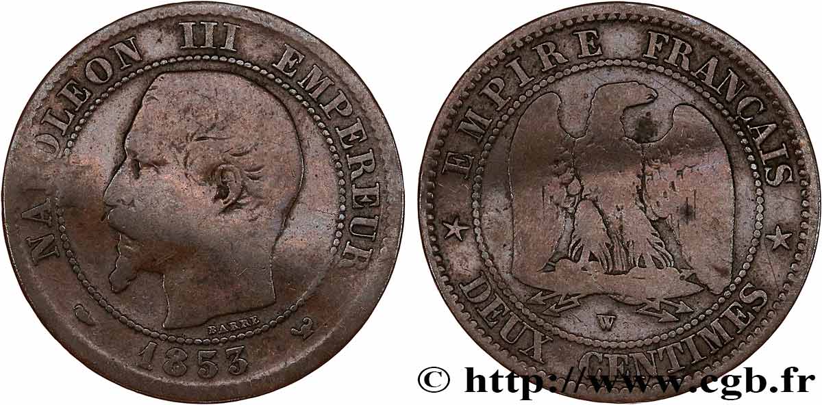 Deux centimes Napoléon III, tête nue 1853 Lille F.107/8 VG 