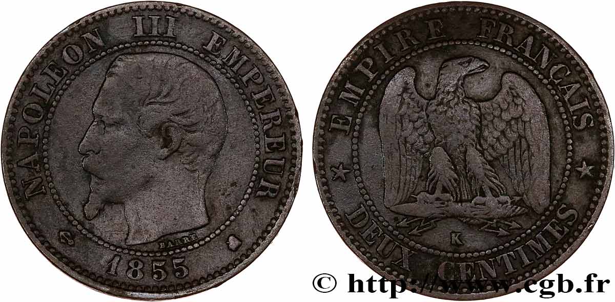 Deux centimes Napoléon III, tête nue 1855 Bordeaux F.107/34 RC 