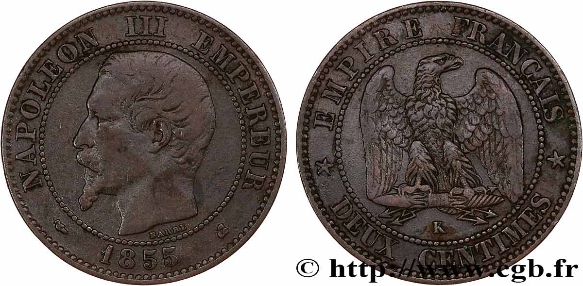 Deux centimes Napoléon III, tête nue 1855 Bordeaux F.107/33 BC25 
