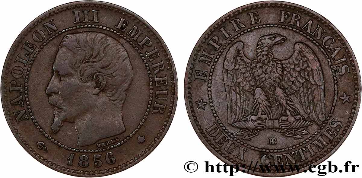 Deux centimes Napoléon III, tête nue 1856 Strasbourg F.107/40 TB35 