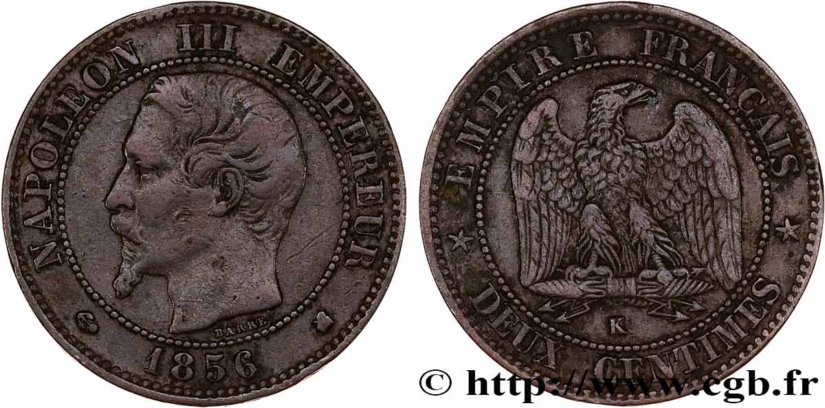Deux centimes Napoléon III, tête nue 1856 Bordeaux F.107/41 VF 