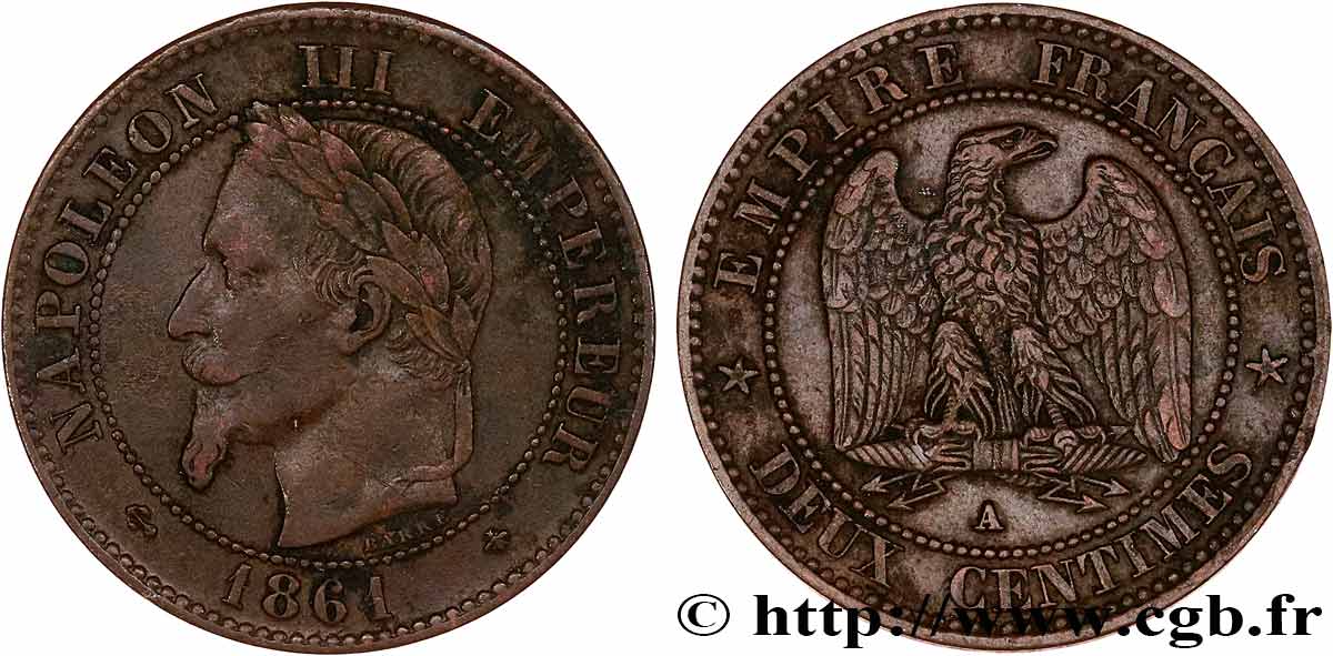 Deux centimes Napoléon III, tête laurée 1861 Paris F.108A/1 VF 