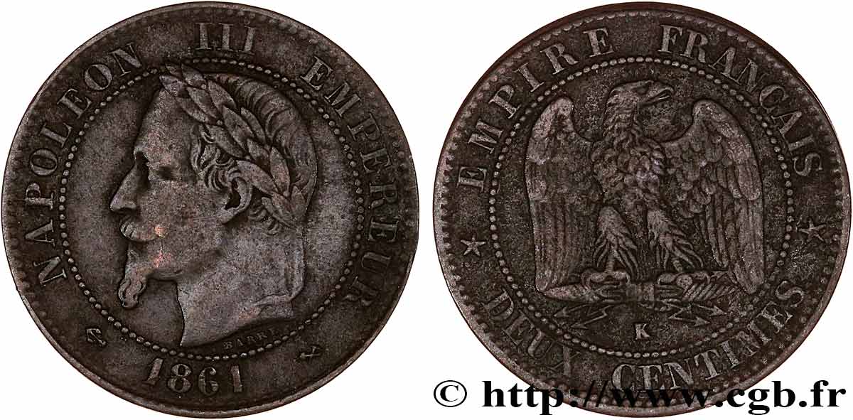 Deux centimes Napoléon III, tête laurée, buste définitif 1861 Bordeaux F.108A/3 MB 
