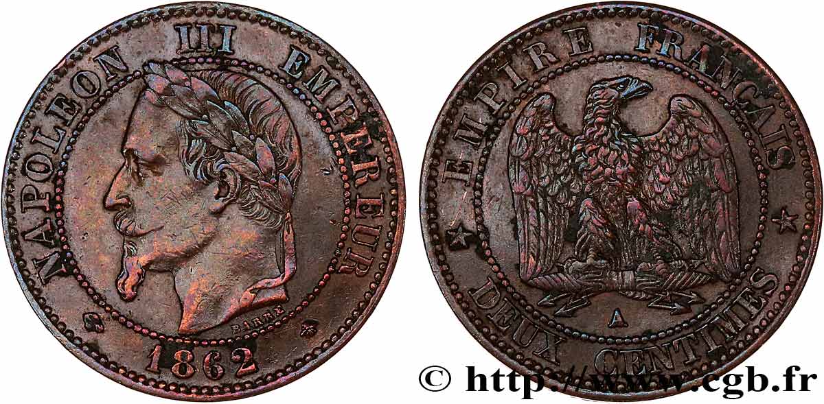 Deux centimes Napoléon III, tête laurée, buste définitif 1862 Paris F.108A/4 MBC 