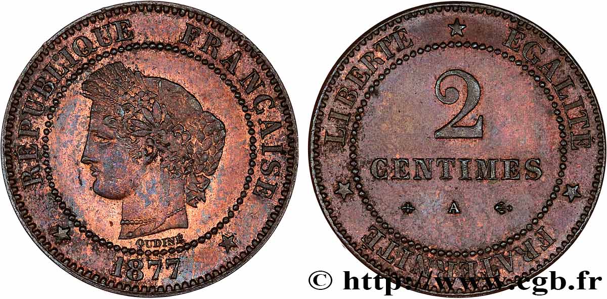 2 centimes Cérès 1877 Paris F.109/2 AU58 