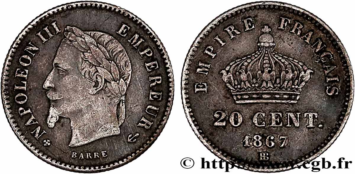 20 centimes Napoléon III, tête laurée, grand module 1867 Strasbourg F.150/2 TB 