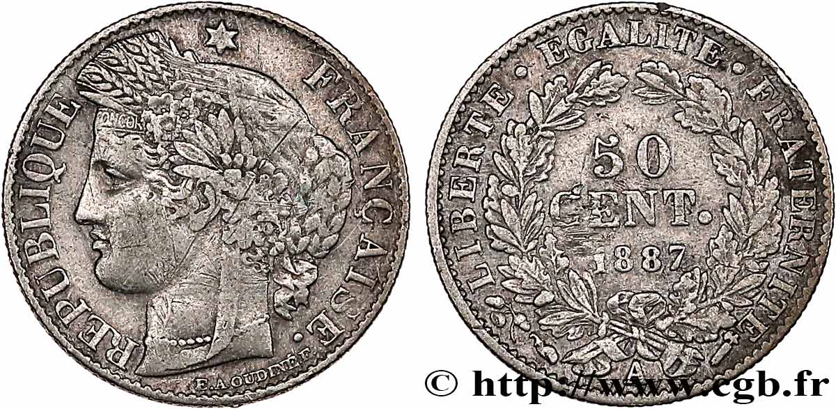 50 centimes Cérès, Troisième République 1887 Paris F.189/12 TB 