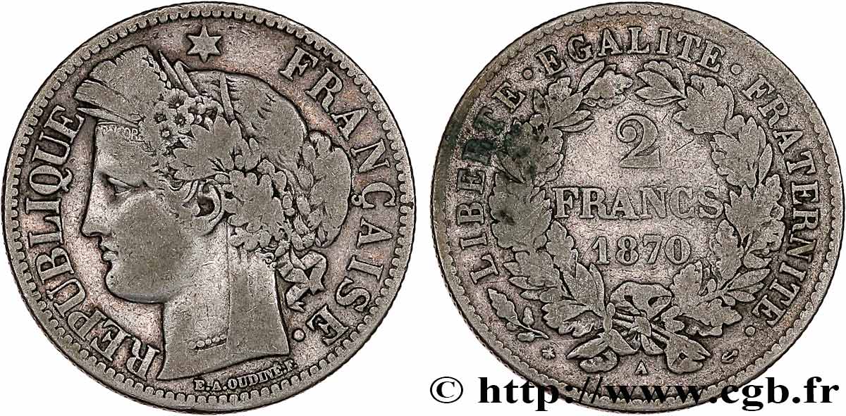 2 francs Cérès, avec légende 1870 Paris F.265/2 TB 