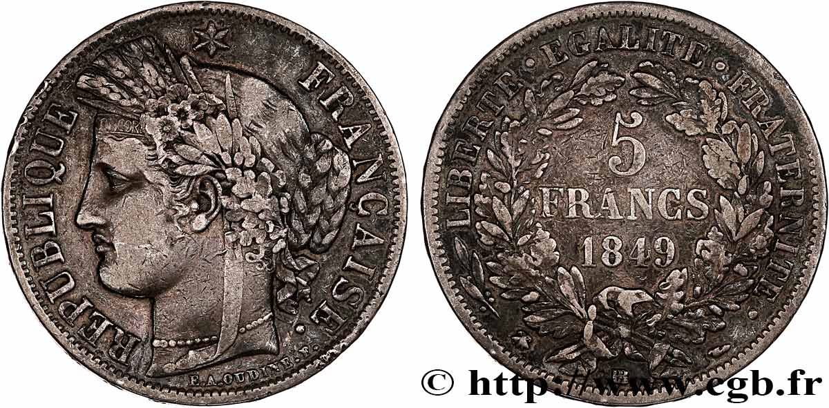 5 francs Cérès, IIe République 1849 Strasbourg F.327/3 TB 