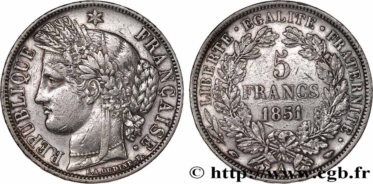 5 francs Cérès, IIe République 1851 Paris F.327/7 VF 