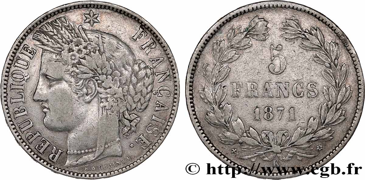5 francs Cérès, sans légende 1871 Bordeaux F.332/8 S 