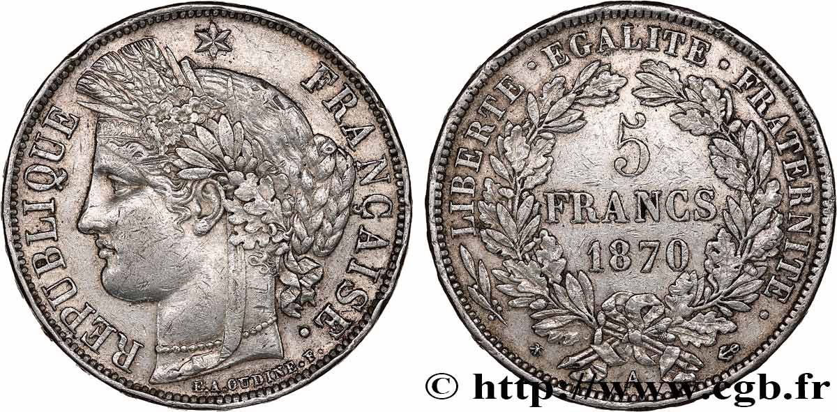 5 francs Cérès, avec légende 1870 Paris F.333/1 BB 