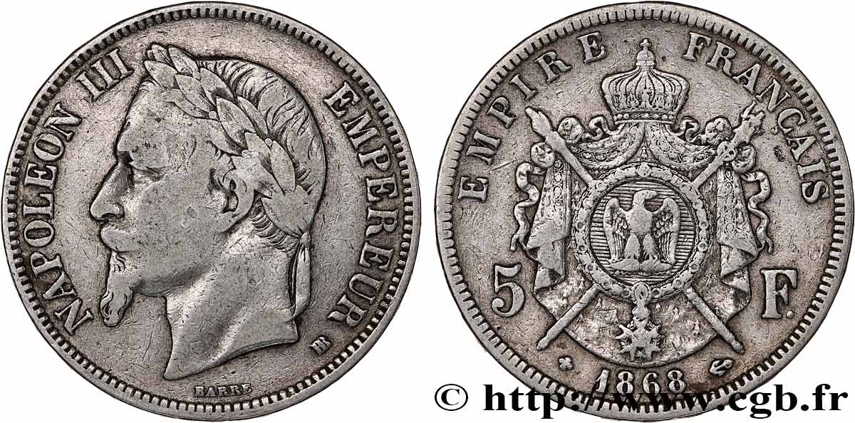 5 francs Napoléon III, tête laurée 1868 Strasbourg F.331/13 VF 