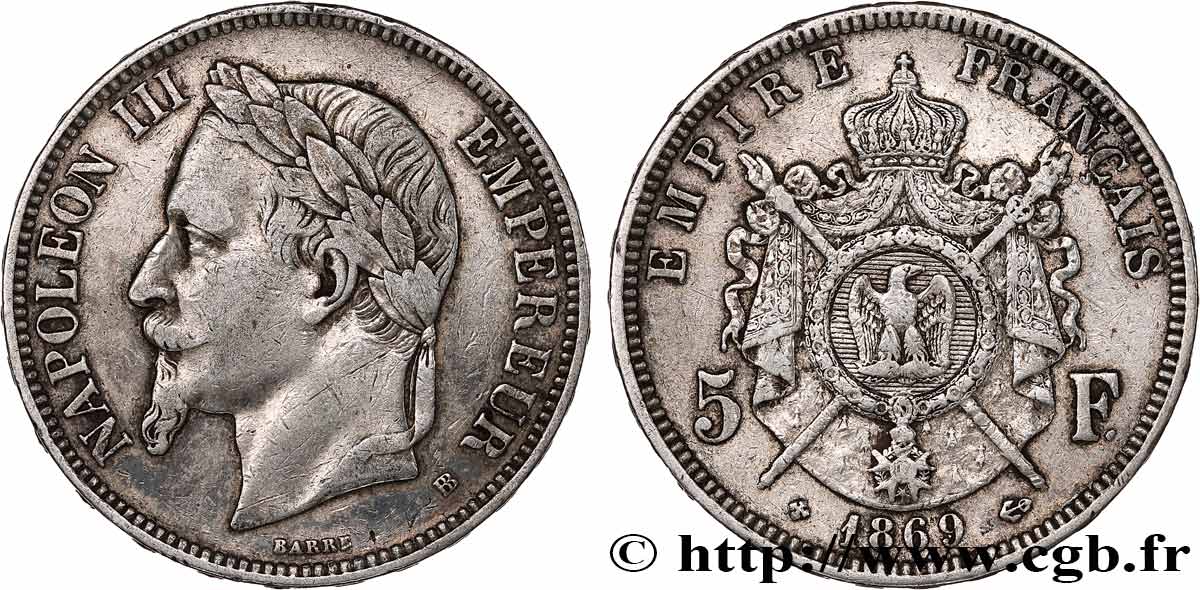 5 francs Napoléon III, tête laurée 1869 Strasbourg F.331/15 TB+ 