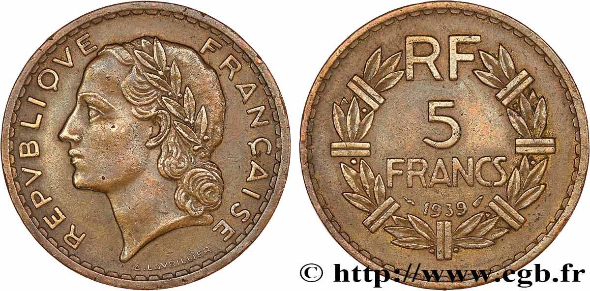 5 francs Lavrillier, bronze-aluminium 1939  F.337/3 TTB 