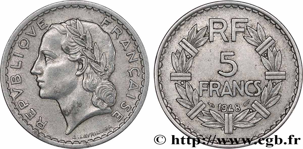 5 francs Lavrillier, aluminium, 9 fermé 1948  F.339/14 BB40 