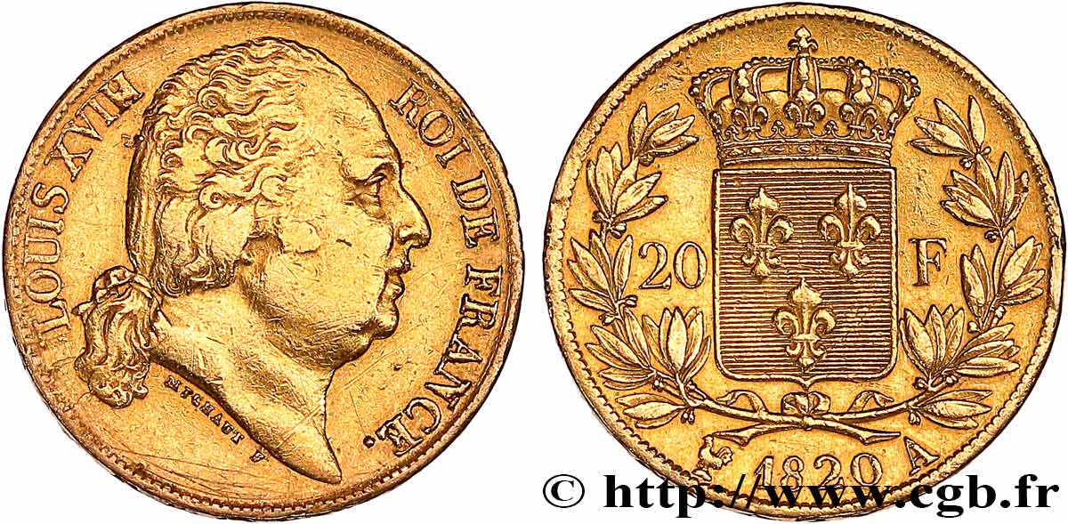 20 francs Louis XVIII, tête nue, sans tête de cheval 1820 Paris F.519/20 TTB 