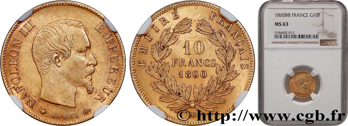 10 francs or Napoléon III, tête nue 1860 Strasbourg F.506/11 SPL63 NGC