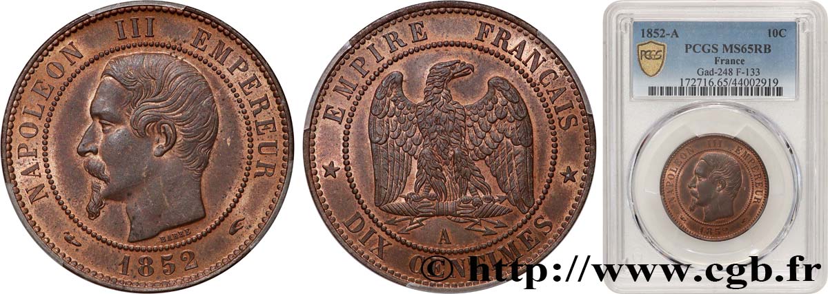 Dix centimes Napoléon III, tête nue 1852 Paris F.133/1 FDC65 PCGS