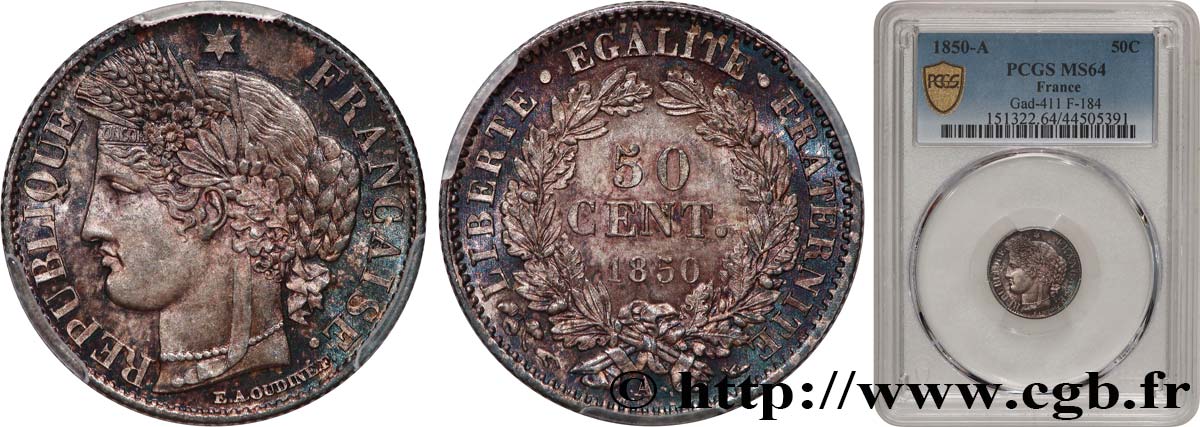 50 centimes Cérès, IIe République 1850 Paris F.184/2 SPL64 PCGS