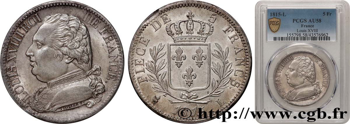 5 francs Louis XVIII, buste habillé 1815 Bayonne F.308/23 SUP58 PCGS