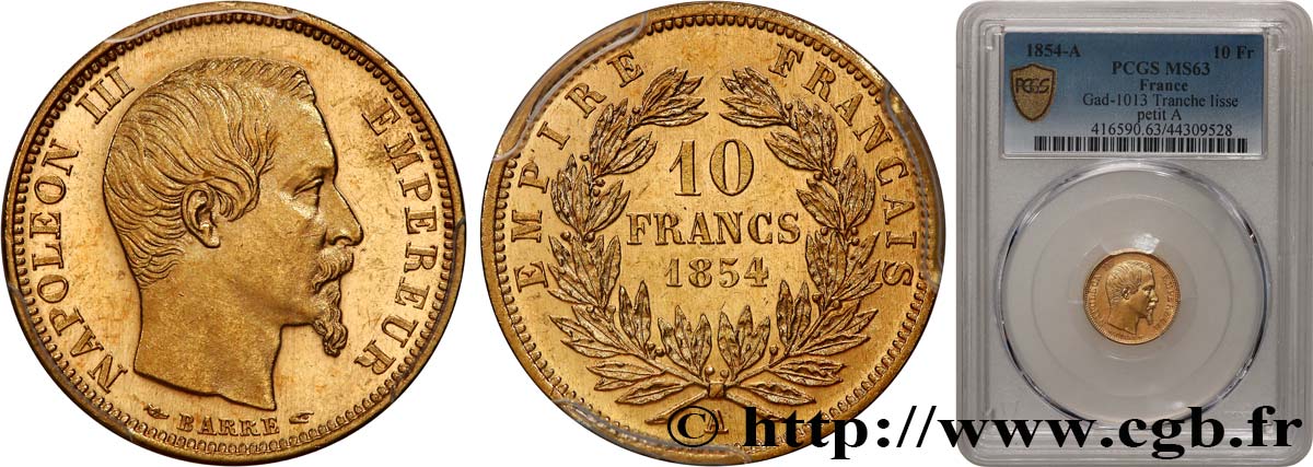 10 francs or Napoléon III, tête nue, petit module, tranche lisse 1854 Paris F.505/1 SPL63 PCGS