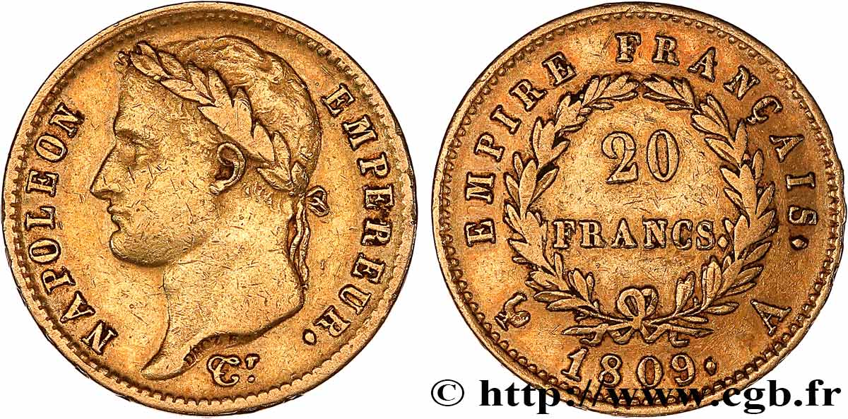 20 francs or Napoléon tête laurée, Empire français 1809 Paris F.516/1 TB+ 