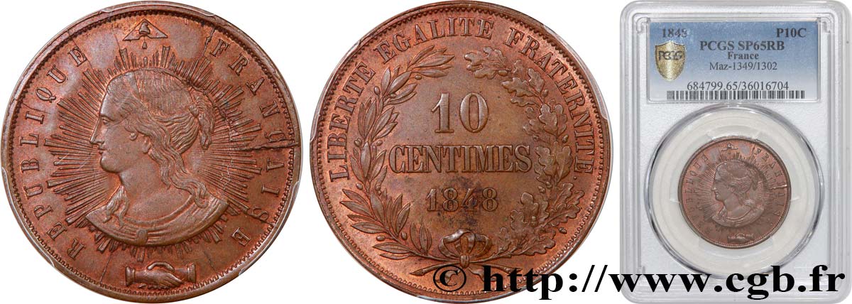 Concours de 10 centimes, essai en cuivre par Pillard, premier revers 1848 Paris VG.3185 var FDC65 PCGS