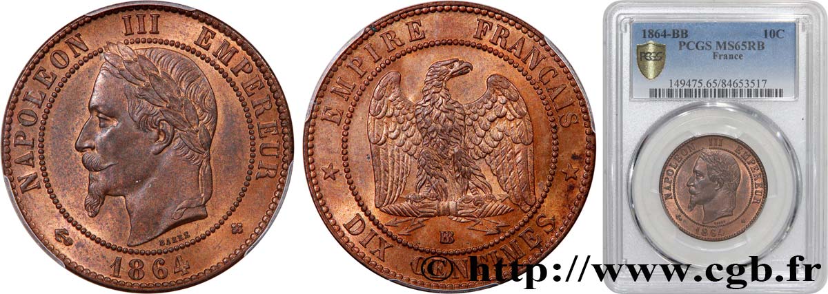 Dix centimes Napoléon III, tête laurée 1864 Strasbourg F.134/12 FDC65 PCGS