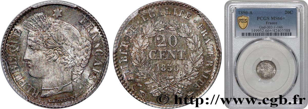 20 centimes Cérès, IIe République 1850 Paris F.146/3 FDC66 PCGS