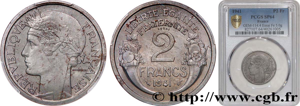 Essai en fer de 2 francs Morlon, flan épais 1941 Paris GEM.114 4 SC64 PCGS