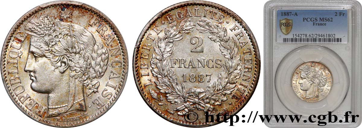 2 francs Cérès, avec légende 1887 Paris F.265/13 SPL62 PCGS