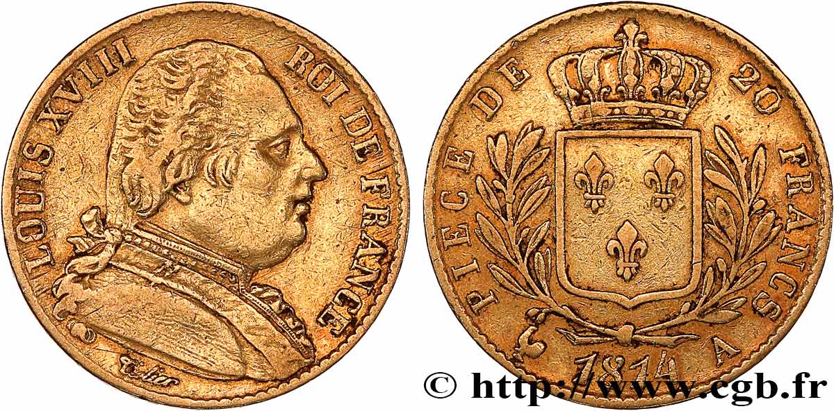 20 francs or Louis XVIII, buste habillé 1814 Paris F.517/2 TB+ 