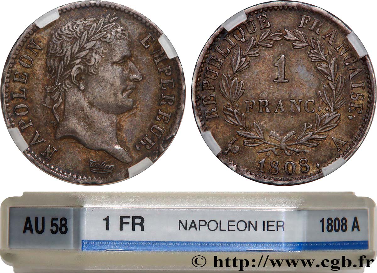 1 franc Napoléon Ier tête laurée, République française 1808 Paris F.204/2 VZ58 GENI