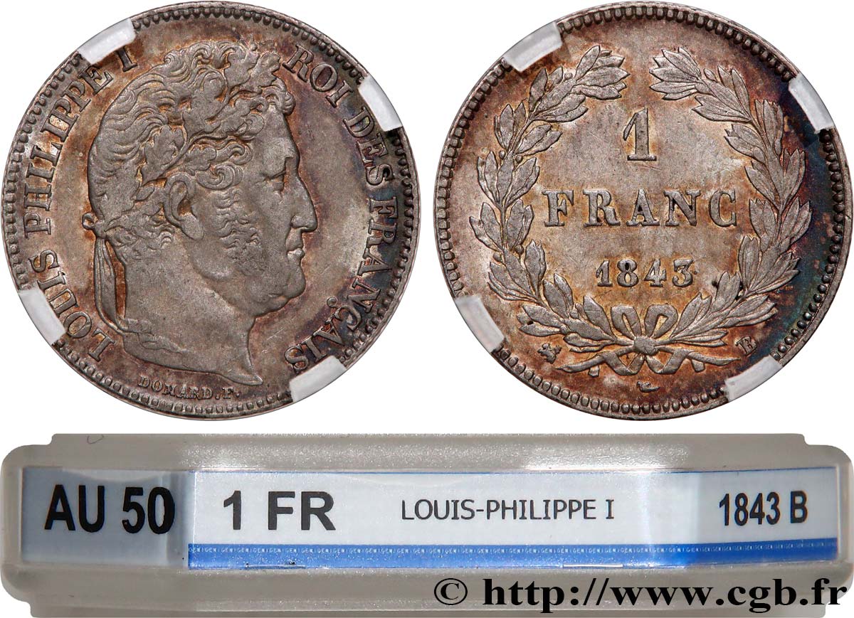 1 franc Louis-Philippe, couronne de chêne 1843 Rouen F.210/91 AU50 GENI